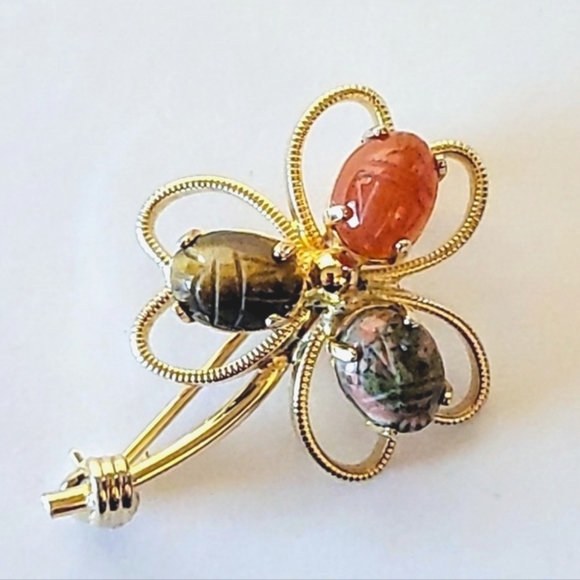 GOLD-FILLED SCARAB SHAMROCK BROOCH - BURT CASSELL, GENUINE STONES - Picture 8 of 8